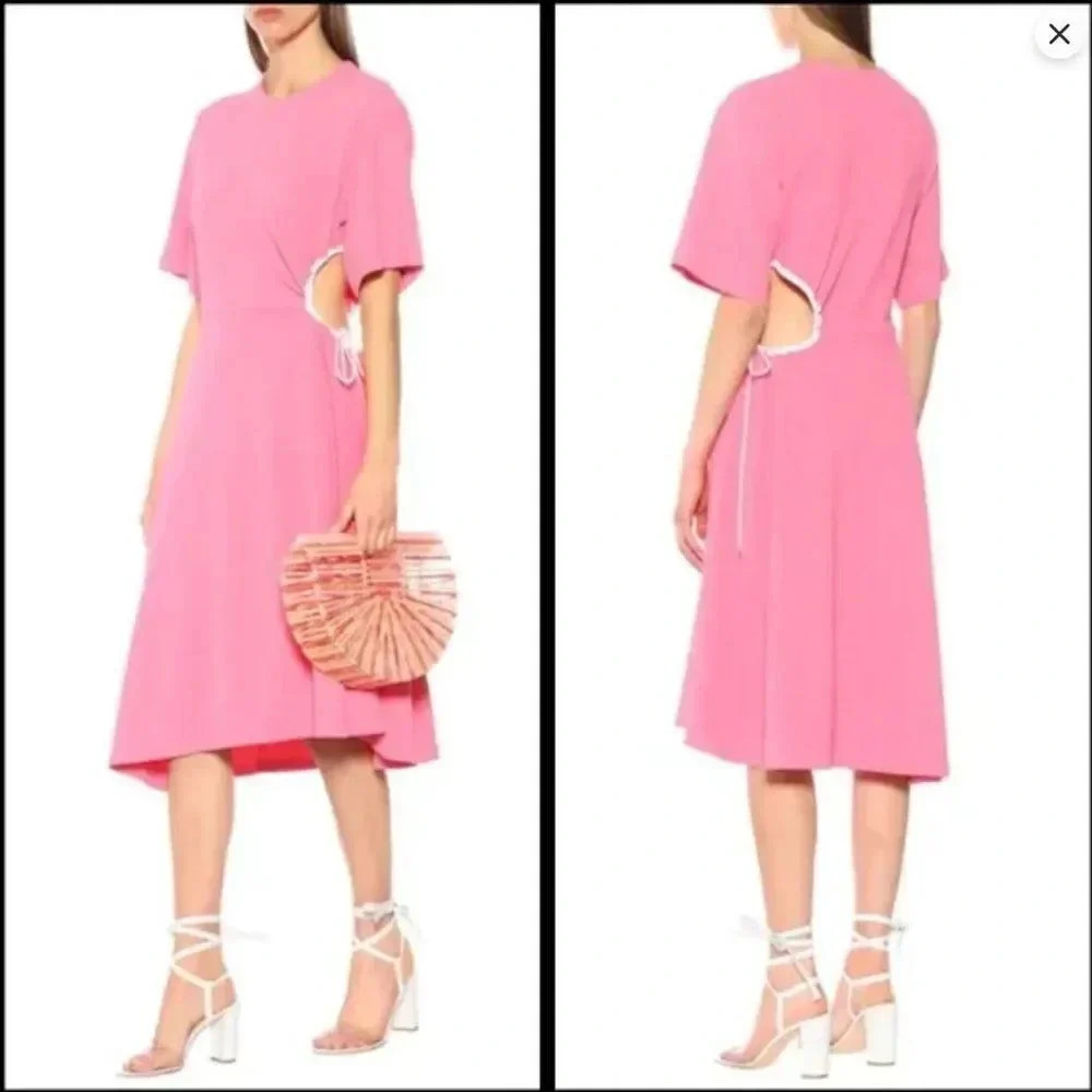 See by Chloe Dress Midi Crepe Sharkbite Cut Short Sleeve Dazzling Pink Size XL